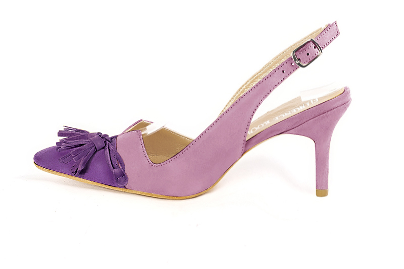 Amethyst purple women's open back shoes, with a knot. Tapered toe. High slim heel. Profile view - Florence KOOIJMAN